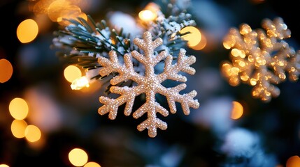 Golden snowflake ornament hanging on Christmas tree with glowing festive lights