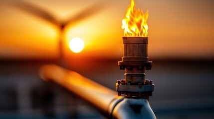 Obraz premium A fire hydrant in close-up with a sunset in the background and a wind turbine in the distance