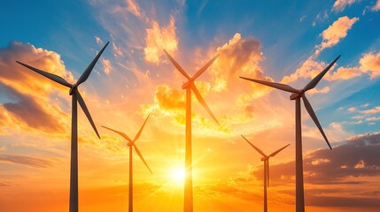   A field with numerous windmills against a sunny backdrop and cloudy foreground
