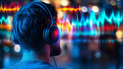 A listener enjoying a podcast with headphones, while colorful sound waves pulse around them, symbolizing the captivating power of audio content