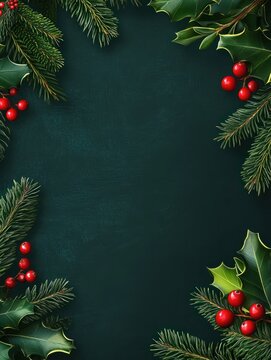 Dark Green christmas background with mistletoes frame
