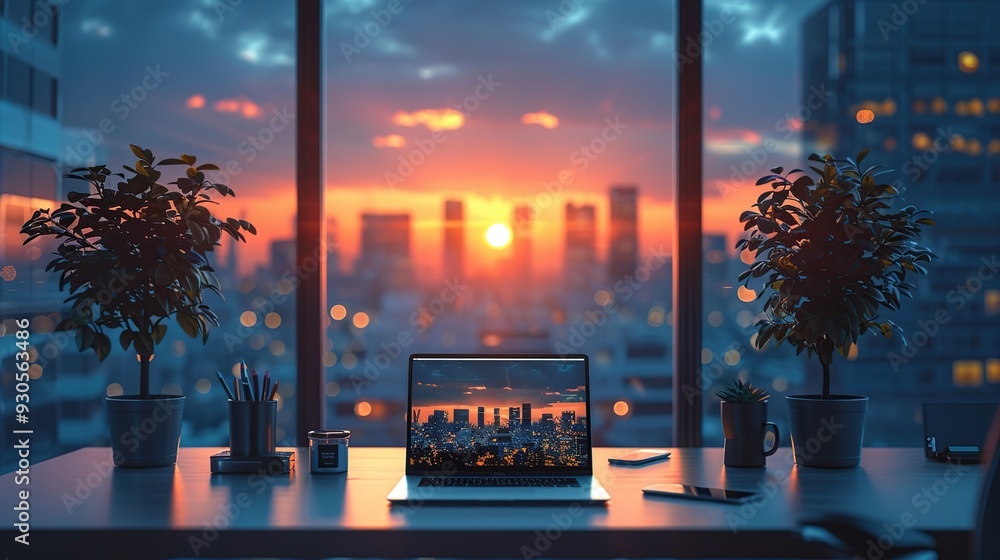 Sticker laptop with city view sunset