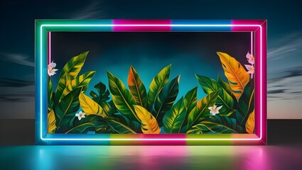 Neon-Lit Frame with Vibrant Tropical Leaves Background, created with generative AI technology
