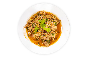 Top view of Thai Pork Ribs Spicy Soup, focus selective