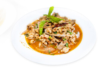Top view of Thai Pork Ribs Spicy Soup, focus selective