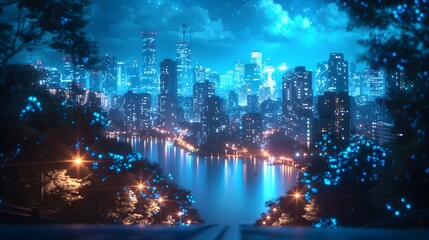 Obraz premium Futuristic Cityscape with Bioluminescent Plants Illuminating the Urban Landscape