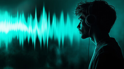 A serene listener with headphones on, with sound waves radiating outward, depicting the calming and immersive nature of podcast listening