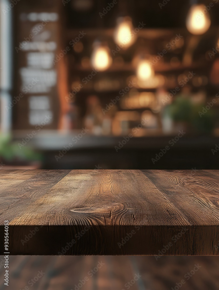 Poster empty rustic wood table and blurred soft light table in restaurant with bokeh background. product di