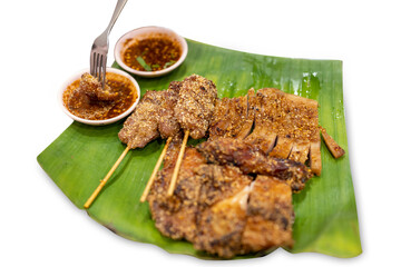 Top view of Skewer spicy pock and chicken grill, focus selective