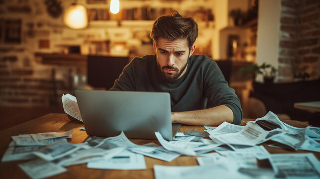 A man anxiously looking at a laptop, with a pile of unpaid bills and financial papers, representing the burden of a financial crisis