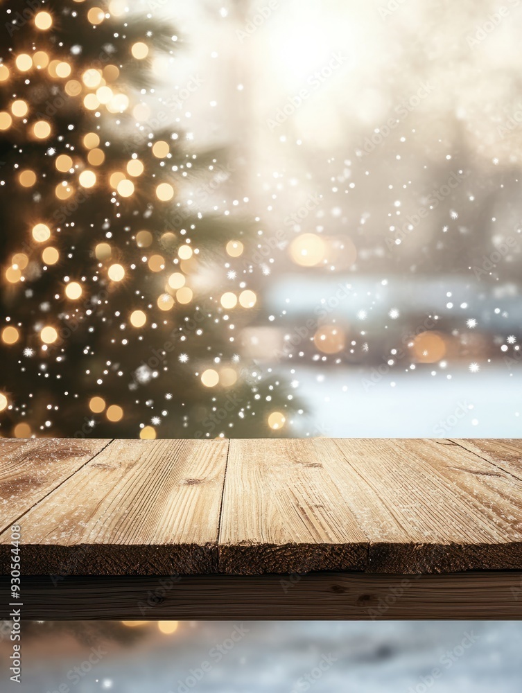 Poster empty woooden table top with abstract warm living room decor with christmas tree string light blur b