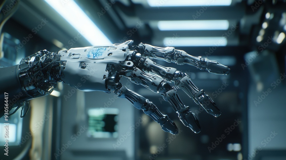 Poster a patient interacts with a highly advanced robotic hand designed for medical applications in a moder