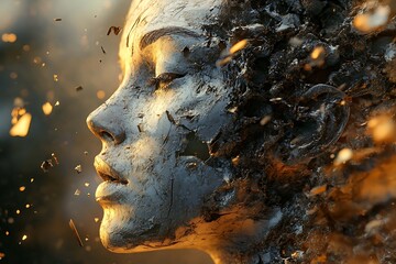 Abstract photo featuring detailed character design of people's faces, enhanced by VRay tracing for realistic lighting and textures, creating a vivid and intricate representation