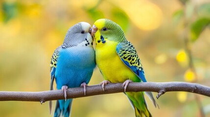 Fototapeta premium Two Parrots Perched on a Branch, Showing Affection