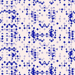 Faded electric blue glitch geo washed effect seamless pattern. Indigo dye grungy blotched distress abstract background texture repeat. 
