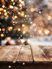 Empty woooden table top with abstract warm living room decor with christmas tree string light blur background with snow,Holiday backdrop,Mock up banner for display of advertise Generative AI