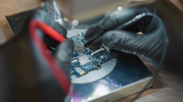 A close-up view of a technician's hand in a black glove using a voltmeter wire to test a circuit under a microscope