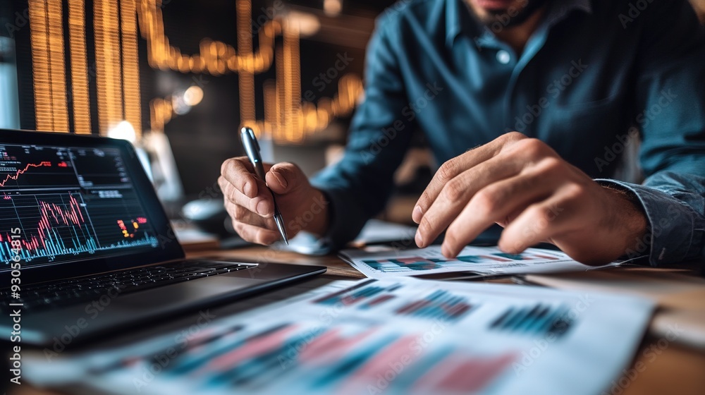 Poster a financial advisor discussing money management strategies with a client, using charts and graphs to