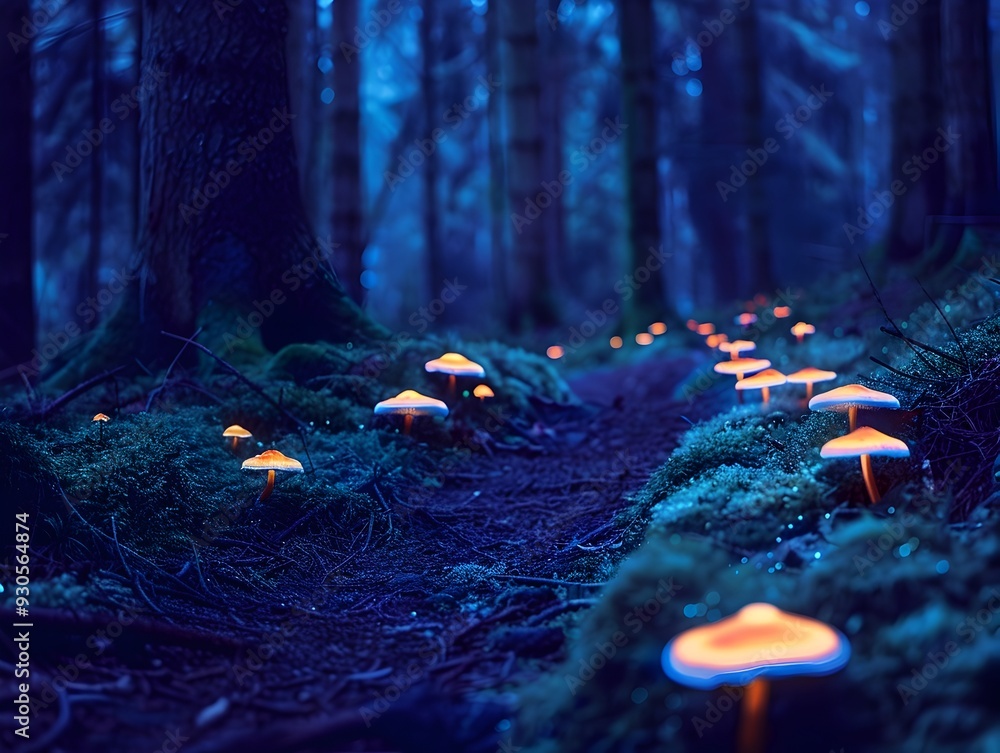 Poster bioluminescent mushrooms illuminating a magical forest path creating a surreal and captivating atmos