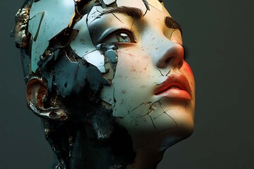 Abstract photo featuring detailed character design of people's faces, enhanced by VRay tracing for realistic lighting and textures, creating a vivid and intricate representation