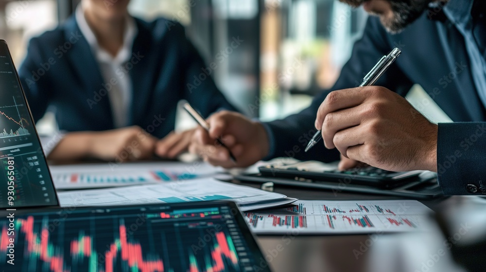 Poster a financial advisor discussing money management strategies with a client, using charts and graphs to