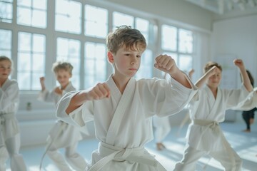 Obraz premium Focused young boy practicing karate with peers in a brightly lit dojo, showcasing determination and discipline