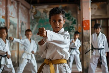 Determined young black boy with yellow belt leading a karate class, showcasing focus and skill in a traditional dojo setting