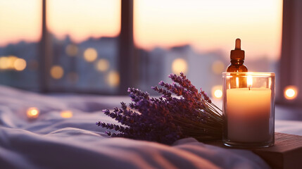 A peaceful bedside setup with lavender sprigs, essential oils, and a candle, ideal for creating a serene sleep environment