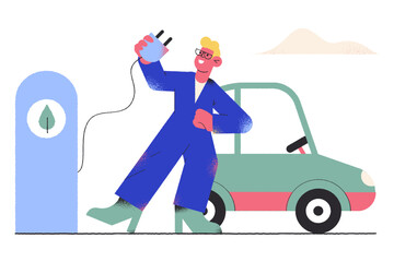 Man charging his electric car at the station