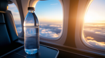 A clear bottle of mineral water sits on a tray table next to an airplane window, with the sky and clouds in the background, encouraging travelers to stay hydrated
