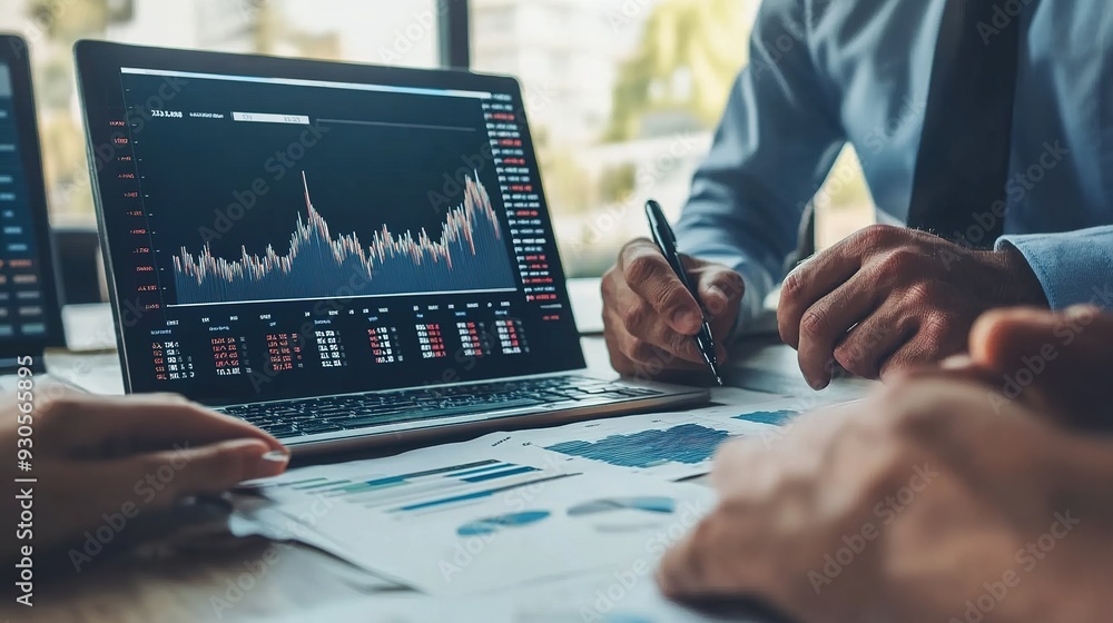 Poster a financial advisor discussing money management strategies with a client, using charts and graphs to