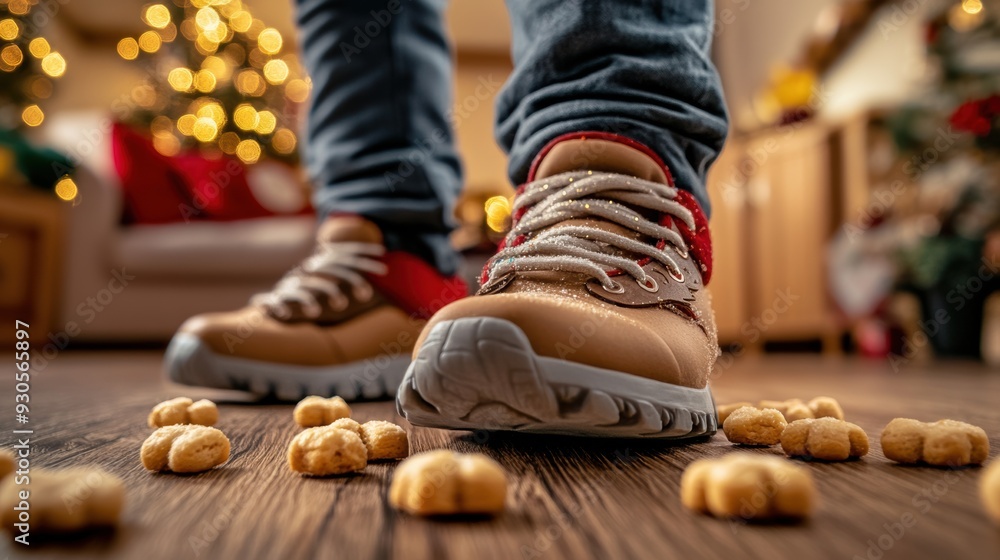 Wall mural A person standing on a wooden floor with shoes and nuts scattered around, AI