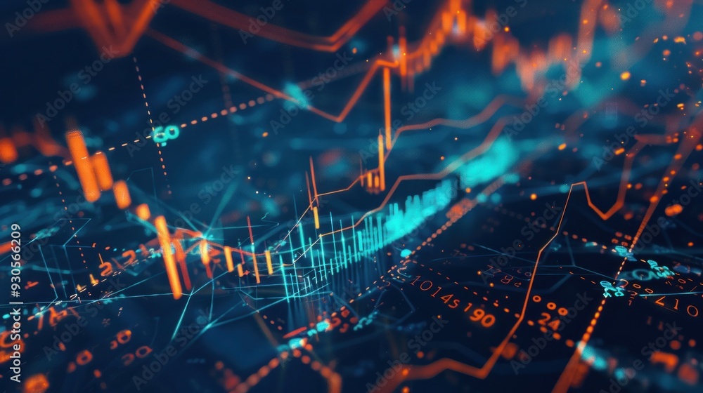 Poster abstract data visualization with neon lines and numbers