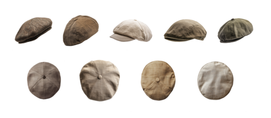 Newspaper boy retro cap MEGA Collection. Vintage classic Linen summer ivy cap. Transparent background PNG.