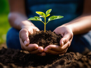 Hands gently holding a small seedling in a mound of soil - Generative Ai