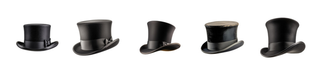 Black Top Hat Collection. 3D. Isolated transparent background PNG. 