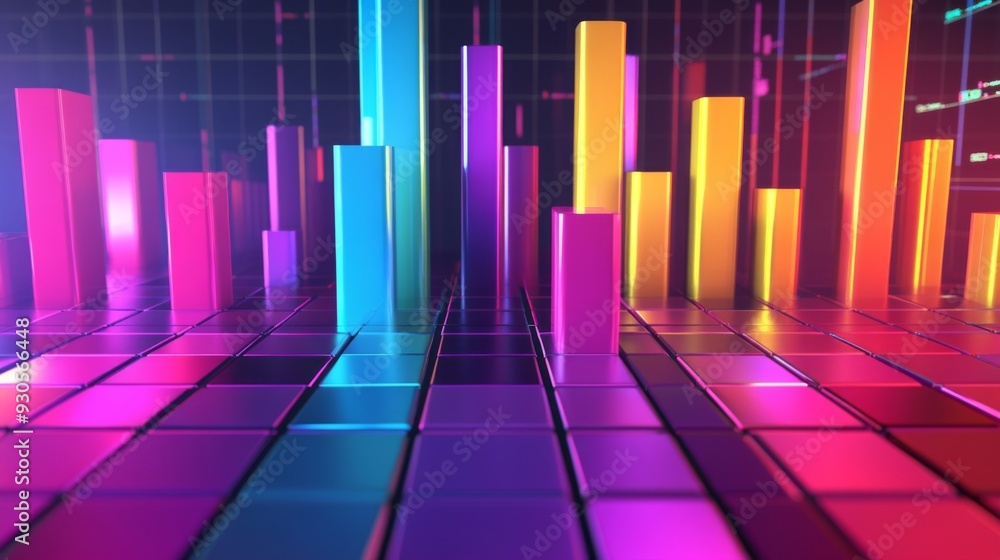 Aufkleber a vibrant 3d bar graph with colorful bars rising from a grid background, representing financial grow