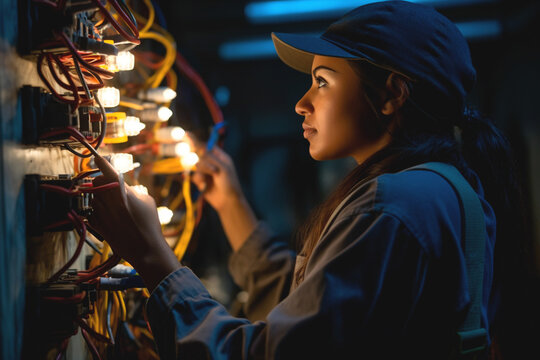 Woman industrial electrician providing electrical repair services. Provision of electrical services