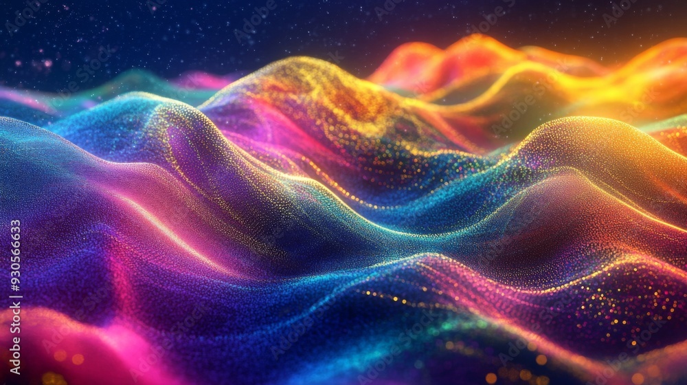 Poster Abstract digital representation of colorful electric waves moving through the air, symbolizing data transmission, communication, and technology advancements.