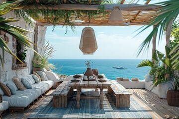 Coastal bohemian outdoor dining area with relaxed seating and beachy vibes.
