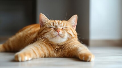 An adorable overweight orange cat stretching lazily on the floor, showing off its soft belly and content expression.