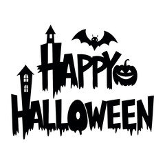 Happy Halloween typography horror text Design with bats, spiders, and pumpkin