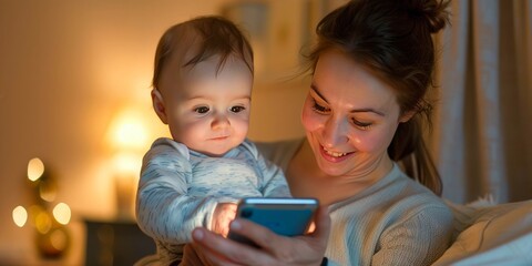 A cozy, intimate moment of a mother and baby bonding over a smartphone, captured in soft warm lighting. Perfect for parenting and family tech concepts.