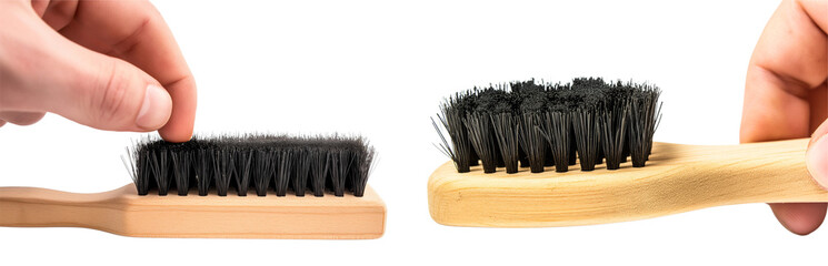 Wooden brush with natural bristles. Shoe cleaning accessory with hand isolated on transparent background cutout png