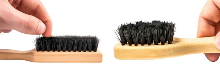 Wooden brush with natural bristles. Shoe cleaning accessory with hand isolated on transparent background cutout png