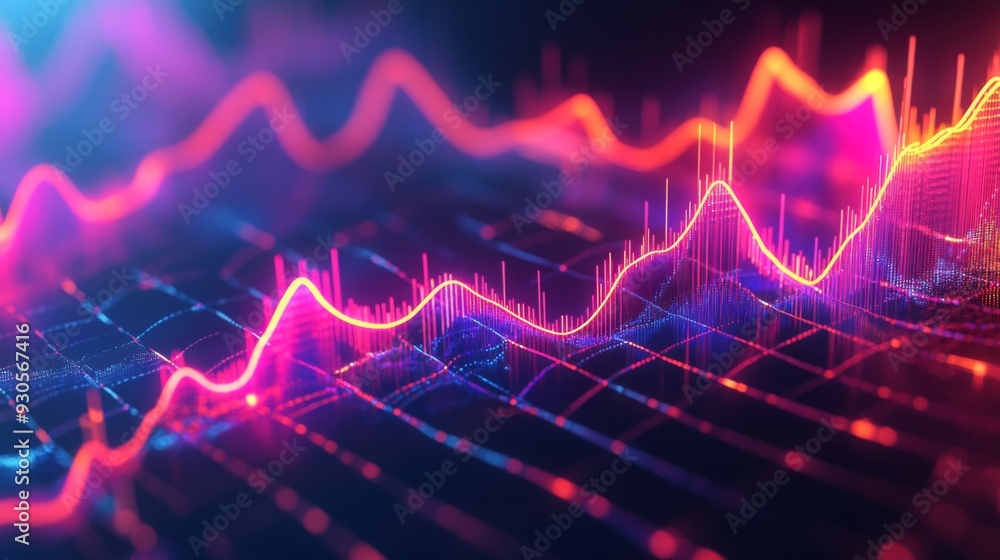 Poster close-up of a 3d line graph with rising curves, each axis highlighted in neon colors, representing t