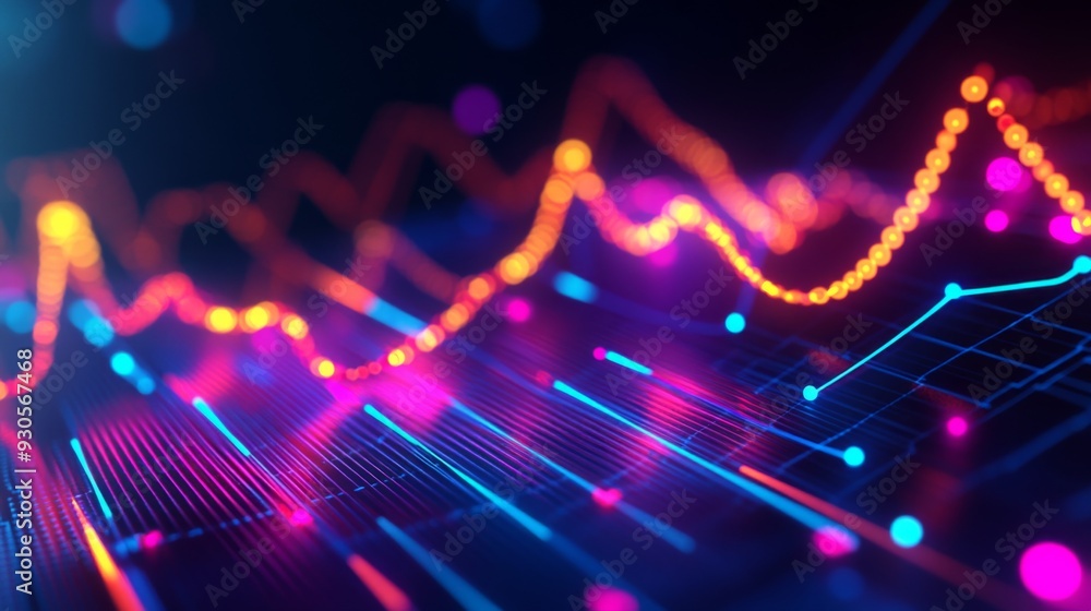 Poster close-up of a 3d line graph with rising curves, each axis highlighted in neon colors, representing t