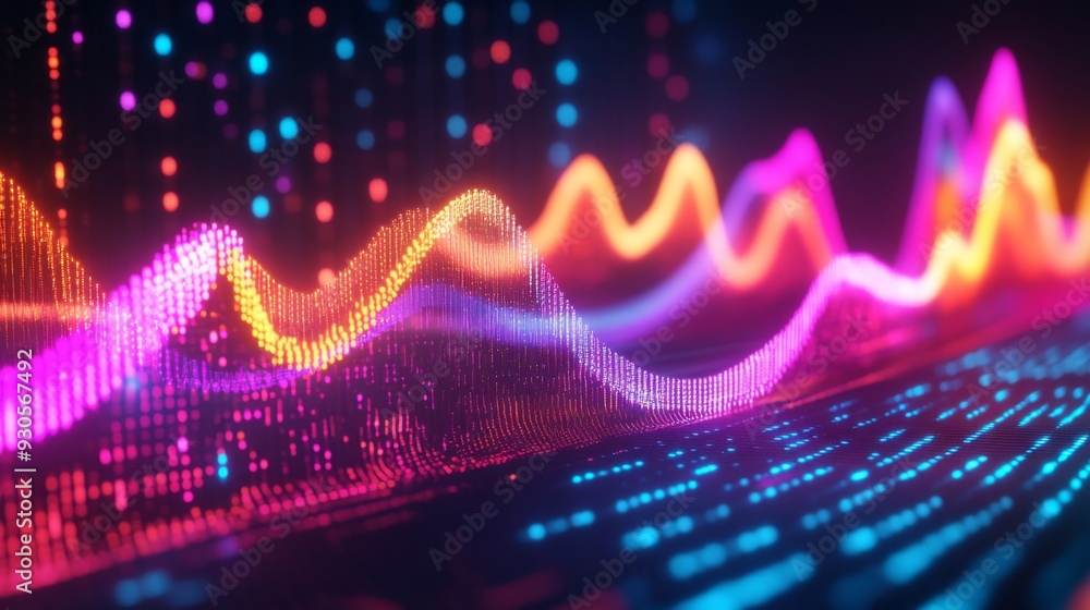 Poster close-up of a 3d line graph with rising curves, each axis highlighted in neon colors, representing t