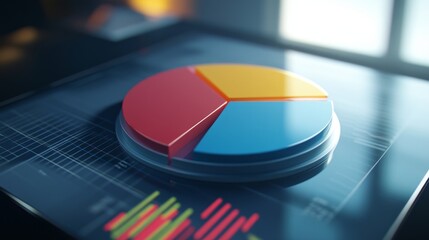 Fototapeta premium Close-up of a 3D pie chart with a portion pulled out to emphasize a specific segment, showcasing detailed data and a modern, professional look.