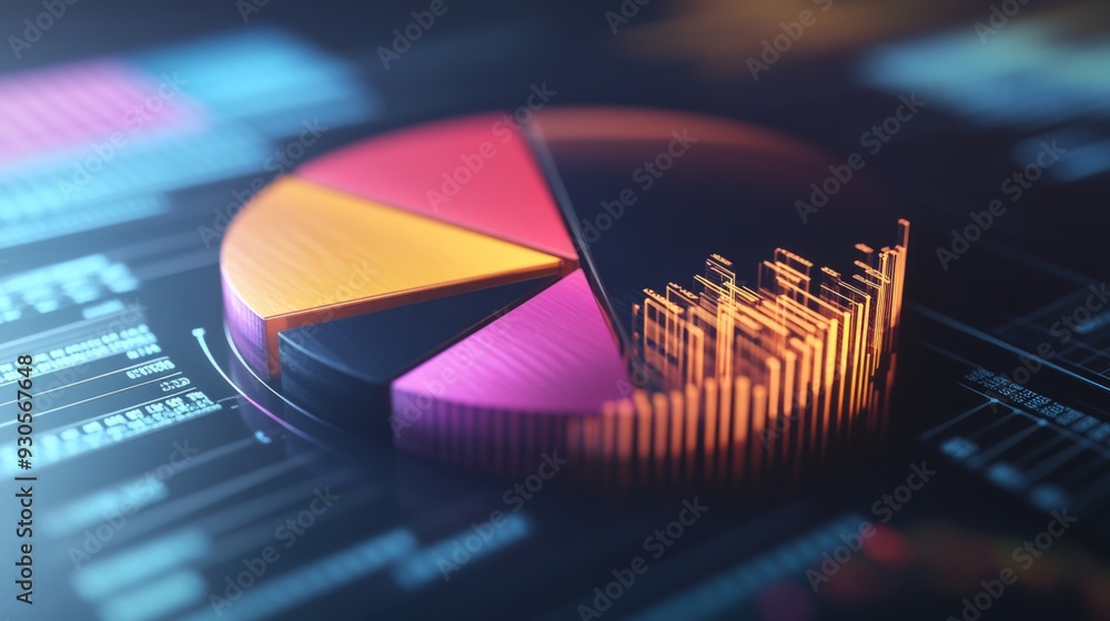 Poster Close-up of a 3D pie chart with interactive elements, including hover effects and clickable segments, illustrating a sophisticated data presentation